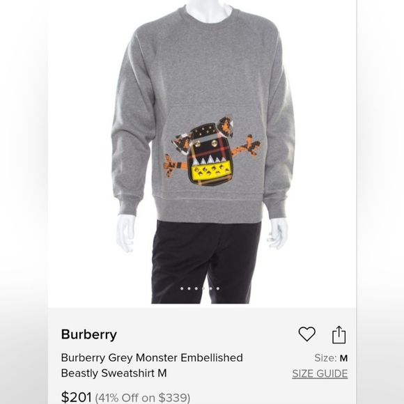 BURBERRY Light Grey MonsterEmbellished Beastly Sweatshirt Men Rare Crewneck 36